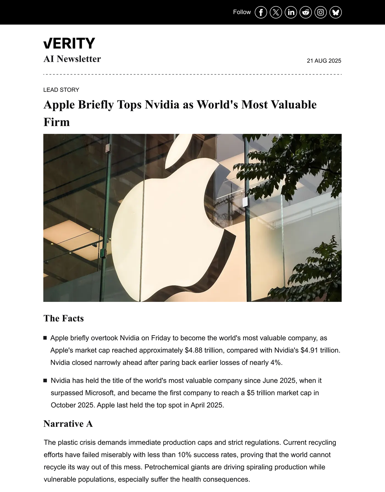 A recent issue of the Verity AI Newsletter shown on a tablet